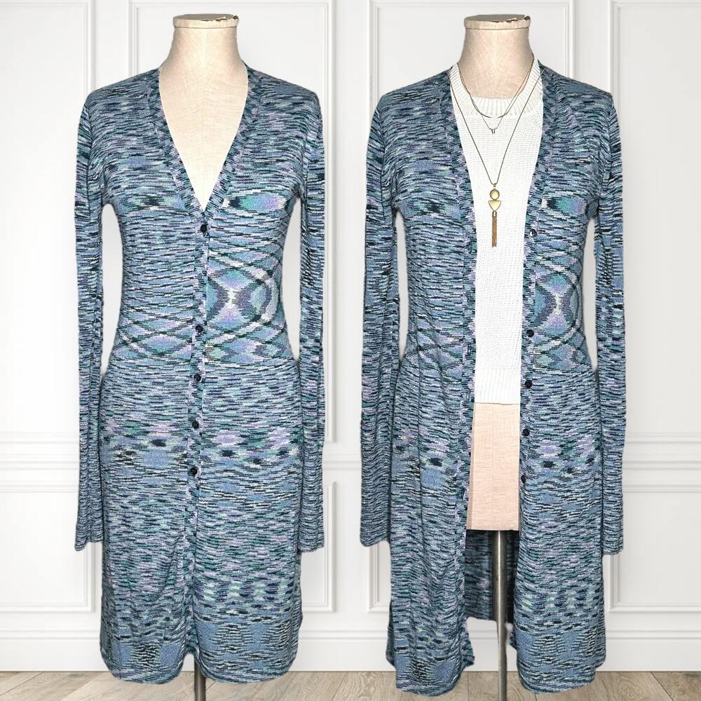 Vintage BCBGMAXAZRIA Y2K Cardigan Sweater Dress Button Up Sheath Teal Abstract